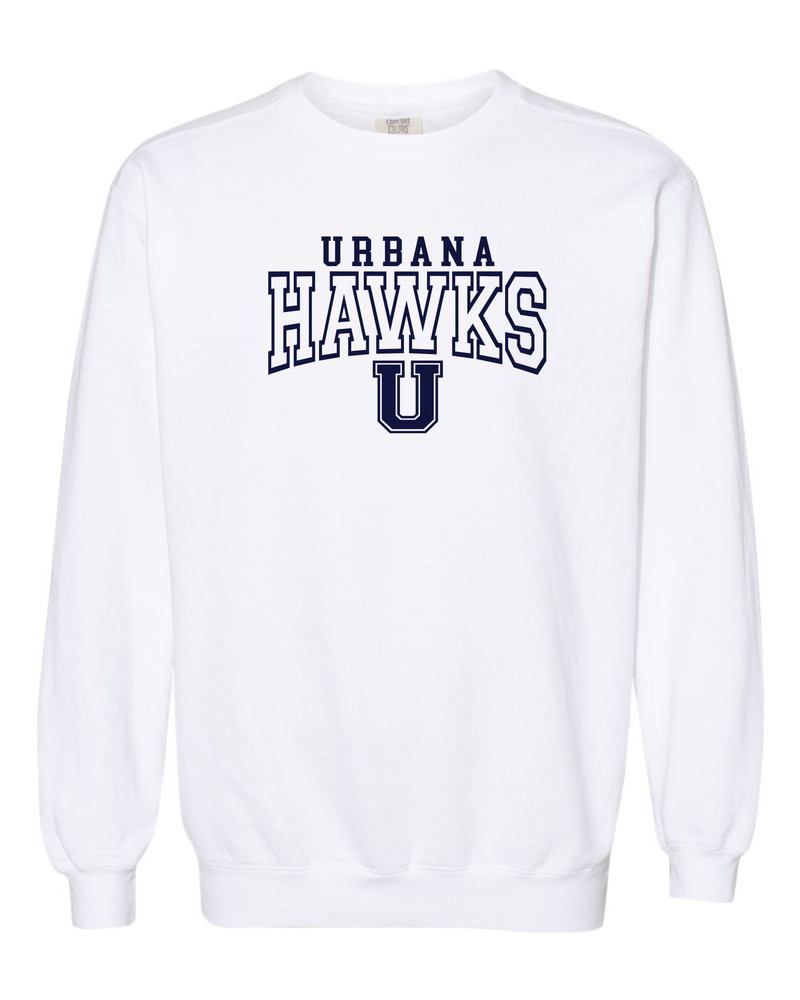 Urbana Hawks LACROSSE COMFORT COLORS Cotton Crewneck Sweatshirt Unisex MANY COLORS AVAILABLE Size S-2XL   WHITE