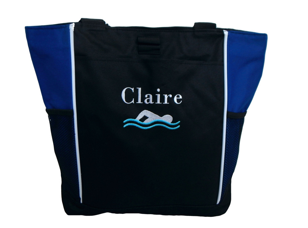 Swim Swimming Swimmer Icon Personalized Embroidered Zippered ROYAL BLUE Tote Bag Font Style 
BODINI
