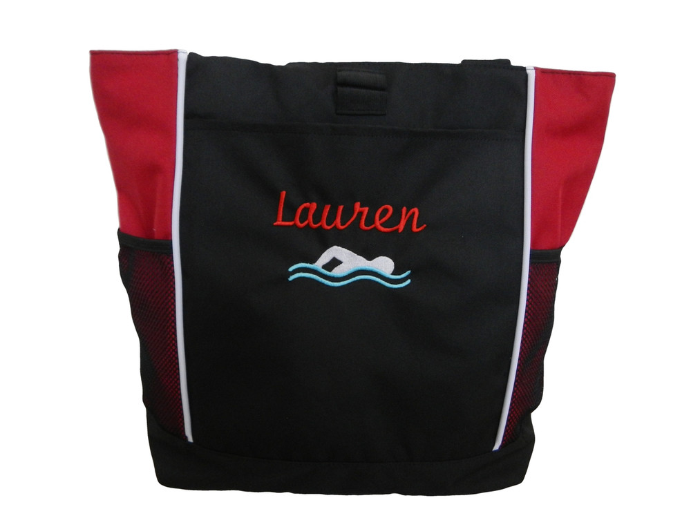 Swim Swimming Swimmer Icon Personalized Embroidered Zippered RED Tote Bag Font Style 
CURSIVE