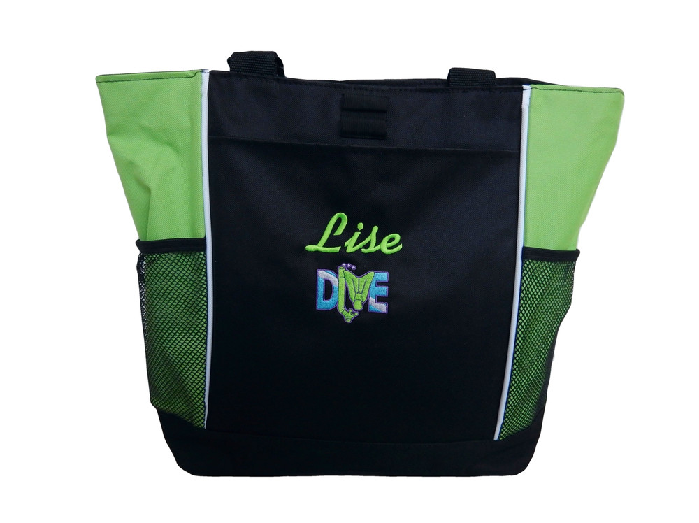 Diver Diving Scuba Snorkel Personalized Embroidered Zippered LIME GREEN Tote Bag Font Style LISA