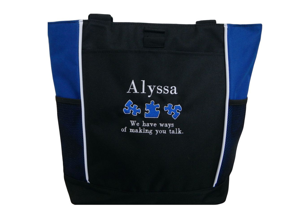 Speech Language Pathologist SLP Autism Ways Making You Talk Personalized Embroidered Zippered  ROYAL BLUE Tote Bag Font Style BODINI