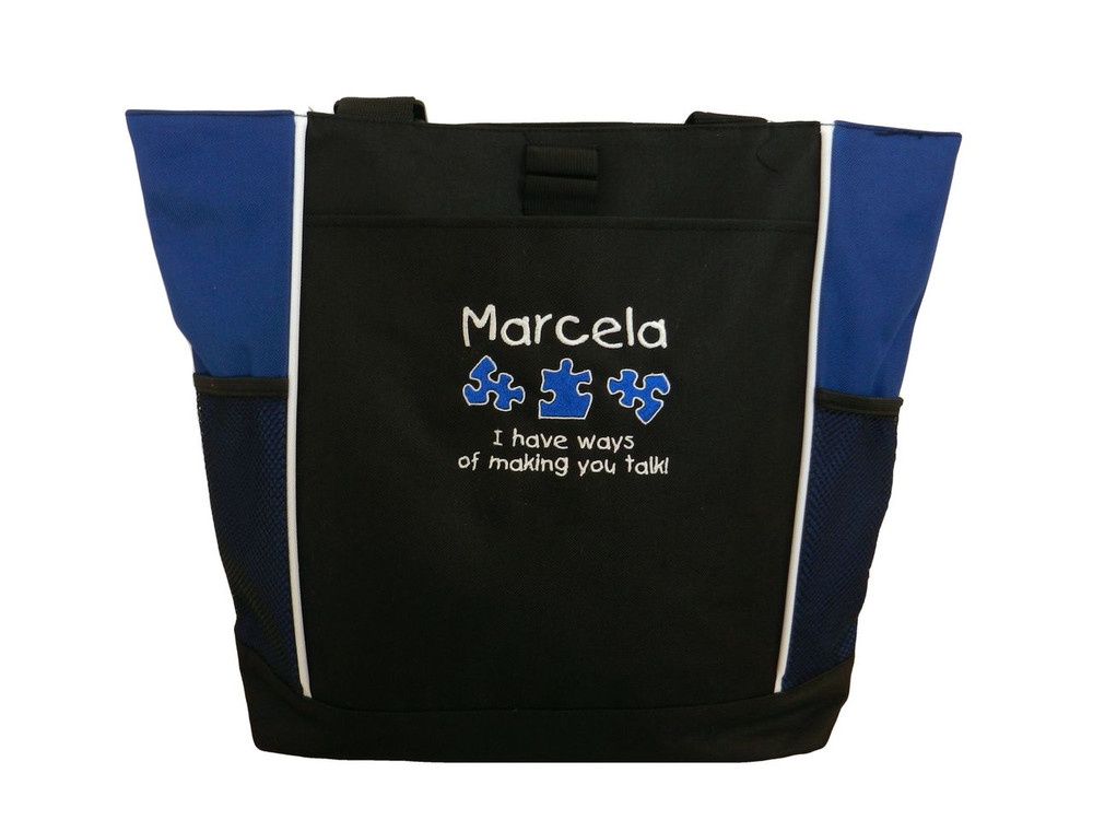 Speech Language Pathologist SLP Puzzle Pieces I Have Ways of Making You Talk Personalized Embroidered Zippered ROYAL BLUE Tote Bag Font Style CHILDS PLAY