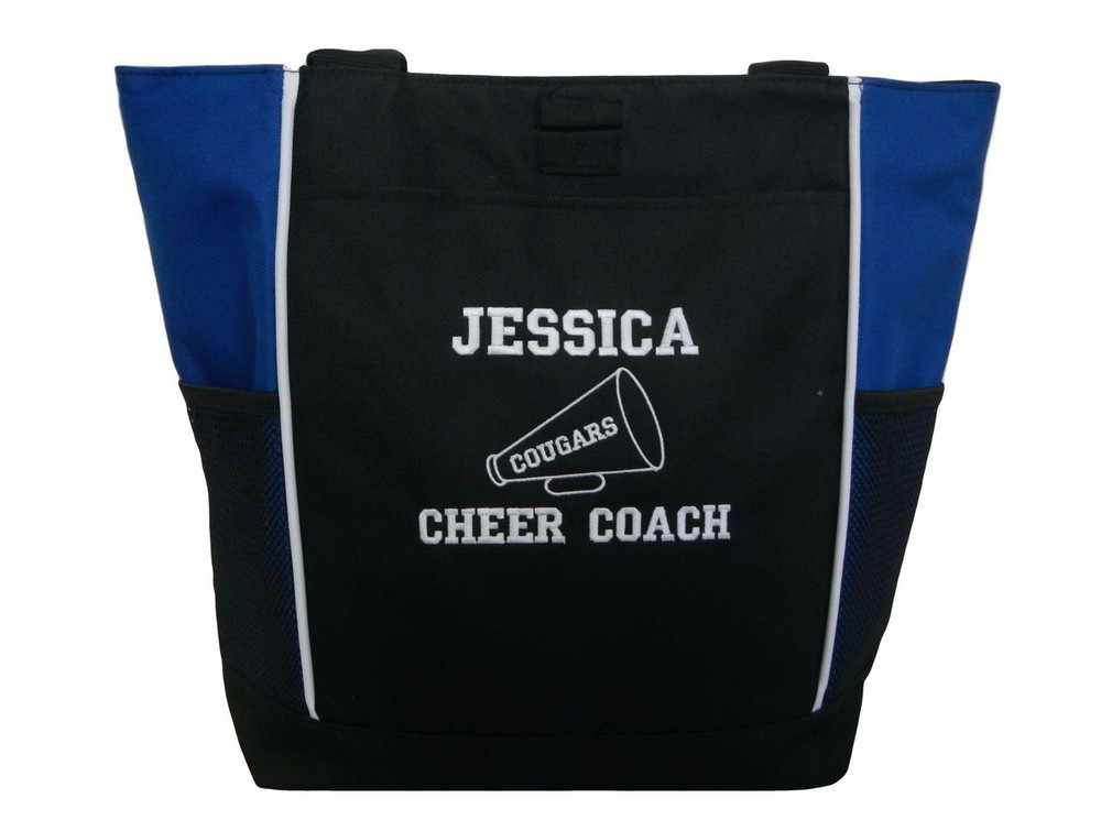 Cheer Cheerleader Bullhorn Megaphone Personalized Embroidered ROYAL BLUE Zippered Tote Bag Font Style VARSITY