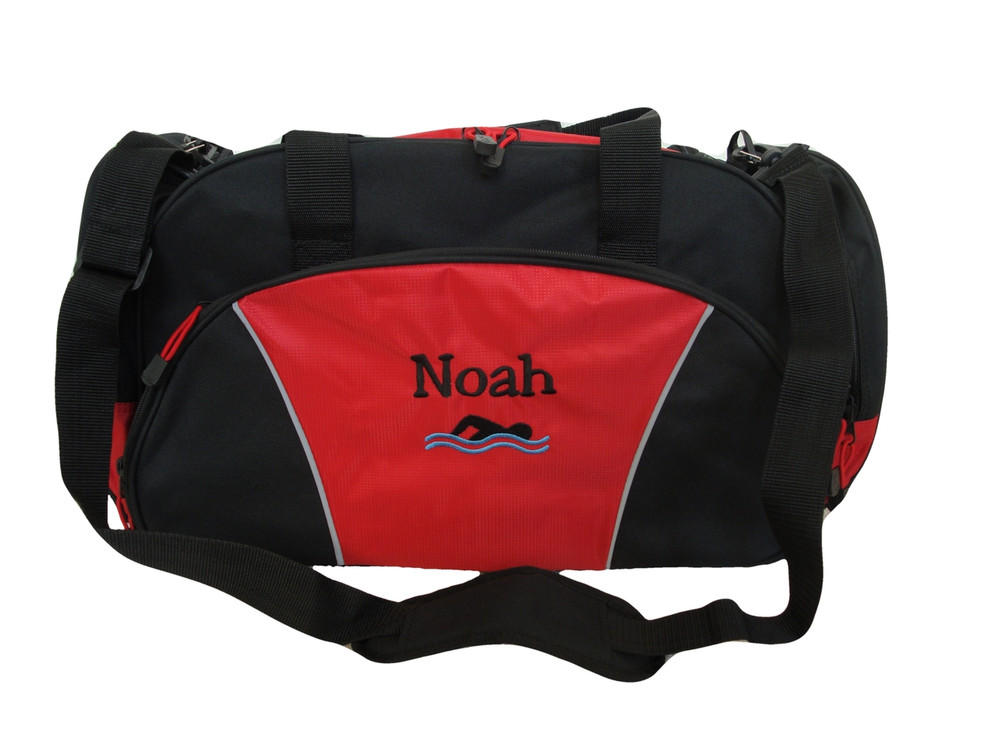 Swimming Swimmer Icon Diving Under Water Sports Personalized Embroidered RED DUFFEL Font Style JESTER