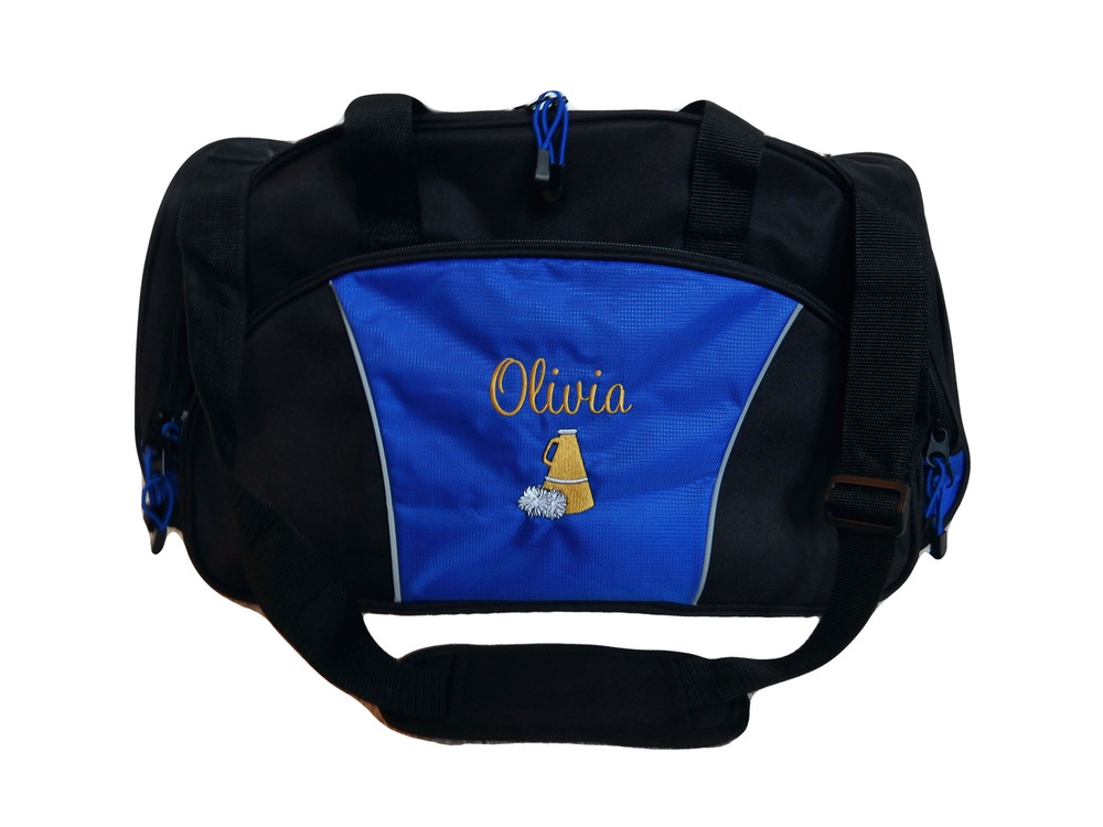 Cheer Bullhorn Cheerleading Poms Dance Sports Personalized Embroidered ROYAL BLUE DUFFEL Font Style CASUAL SCRIPT