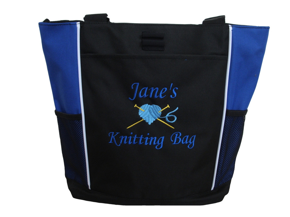 Knitting Needles Heart Crochet Embroidery Crafts Custom Monogrammed Personalized ROYAL BLUE Tote Bag Font Style MONO CORSIVA