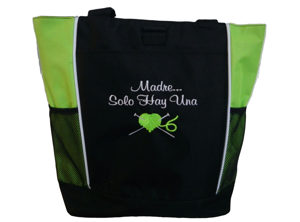 Knitting Needles Heart Crochet Embroidery Crafts Custom Monogrammed Personalized LIME GREEN Tote Bag Font Style CASUAL SCRIPT