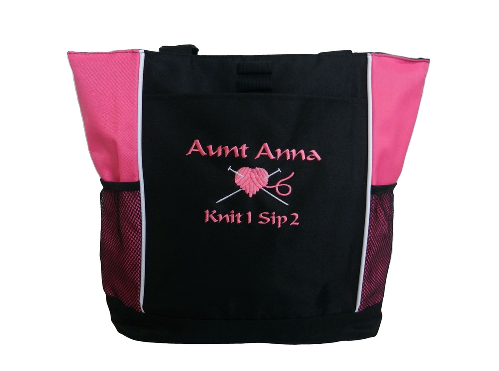 Knitting Needles Heart Crochet Embroidery Crafts Custom Monogrammed Personalized TROPICAL HOT PINK Tote Bag Font Style CALLIGRAPHY
