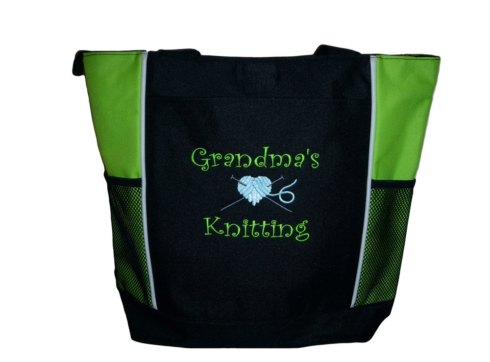 Knitting Needles Heart Crochet Embroidery Crafts Custom Monogrammed Personalized LIME GREEN Tote Bag Font Style CURLZ