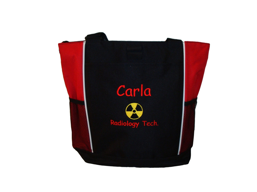 Radiation Radiologist Rad Tech RT MRT CRT R AART BD Medical Technical Radiologist X-ray Personalized Embroidered Zippered RED Tote Bag Font Style COMIC SANS