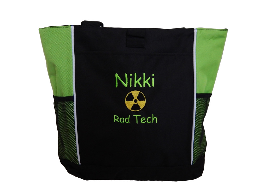 Radiation Radiologist Rad Tech RT MRT CRT R AART BD Medical Technical Radiologist X-ray Personalized Embroidered Zippered LIME GREEN Tote Bag Font Style COMIC SANS