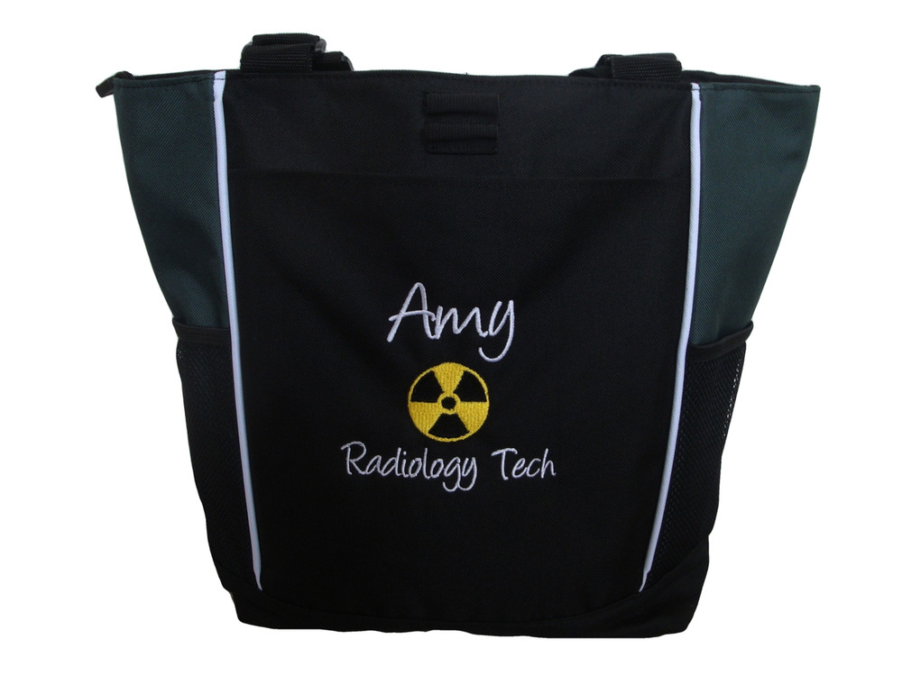 Radiation Radiologist Rad Tech RT MRT CRT R AART BD Medical Technical Radiologist X-ray Personalized Embroidered Zippered HUNTER GREEN Tote Bag Font Style HANDWRITTEN