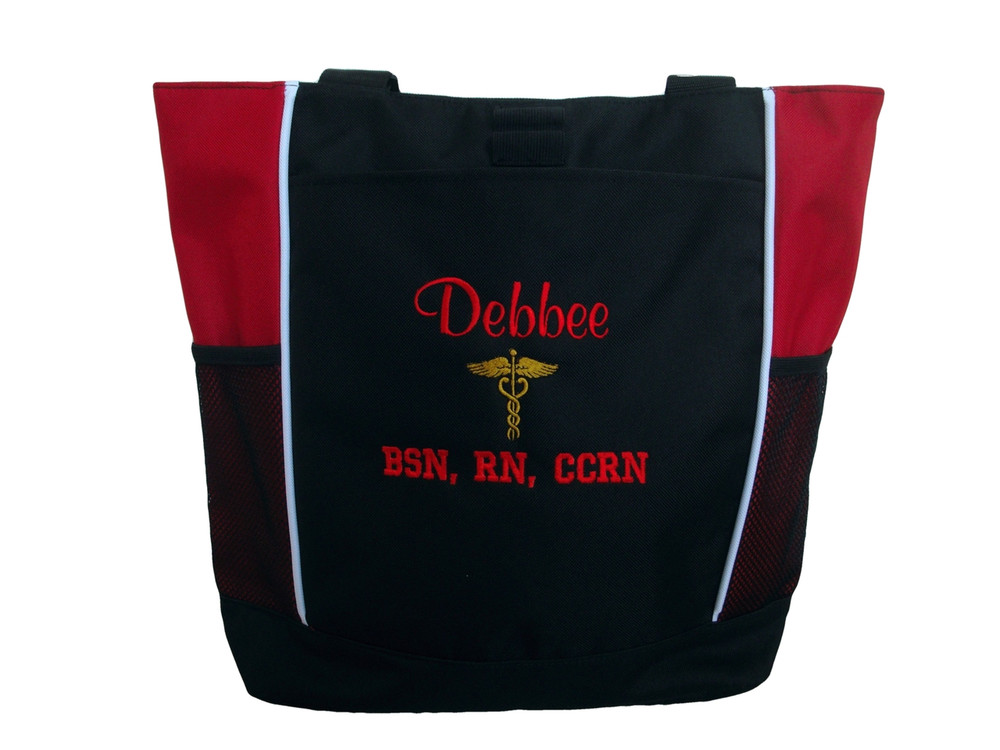 Caduceus Nurse Nursing RN CNA LPN BSN OT PT Personalized Embroidered Zippered RED Tote Bag Font Style CASUAL SCRIPT