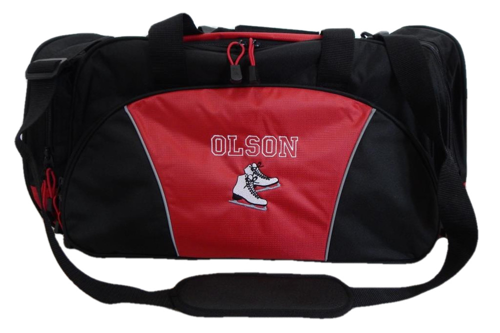 Ice Skates Figure Skating Dance Personalized Embroidered RED DUFFEL Font Style VARSITY OPEN
