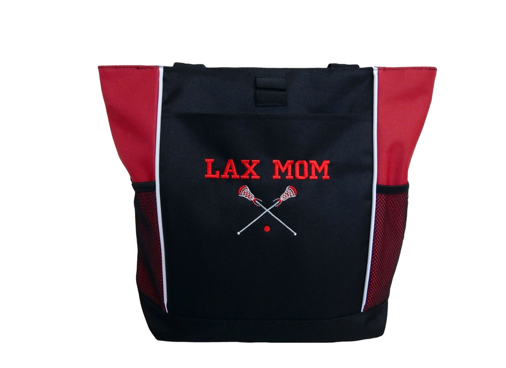 Lax Lacrosse Sticks Sports Monogammed Personalized RED Embroidered Zippered Tote Bag VARSITY FONT