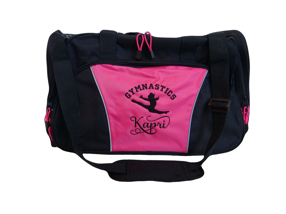 Gymnast Silhouette Leaping Gymnastics Dance Sports Personalized Embroidered HOT PINK DUFFEL Font Style SAMANTHA