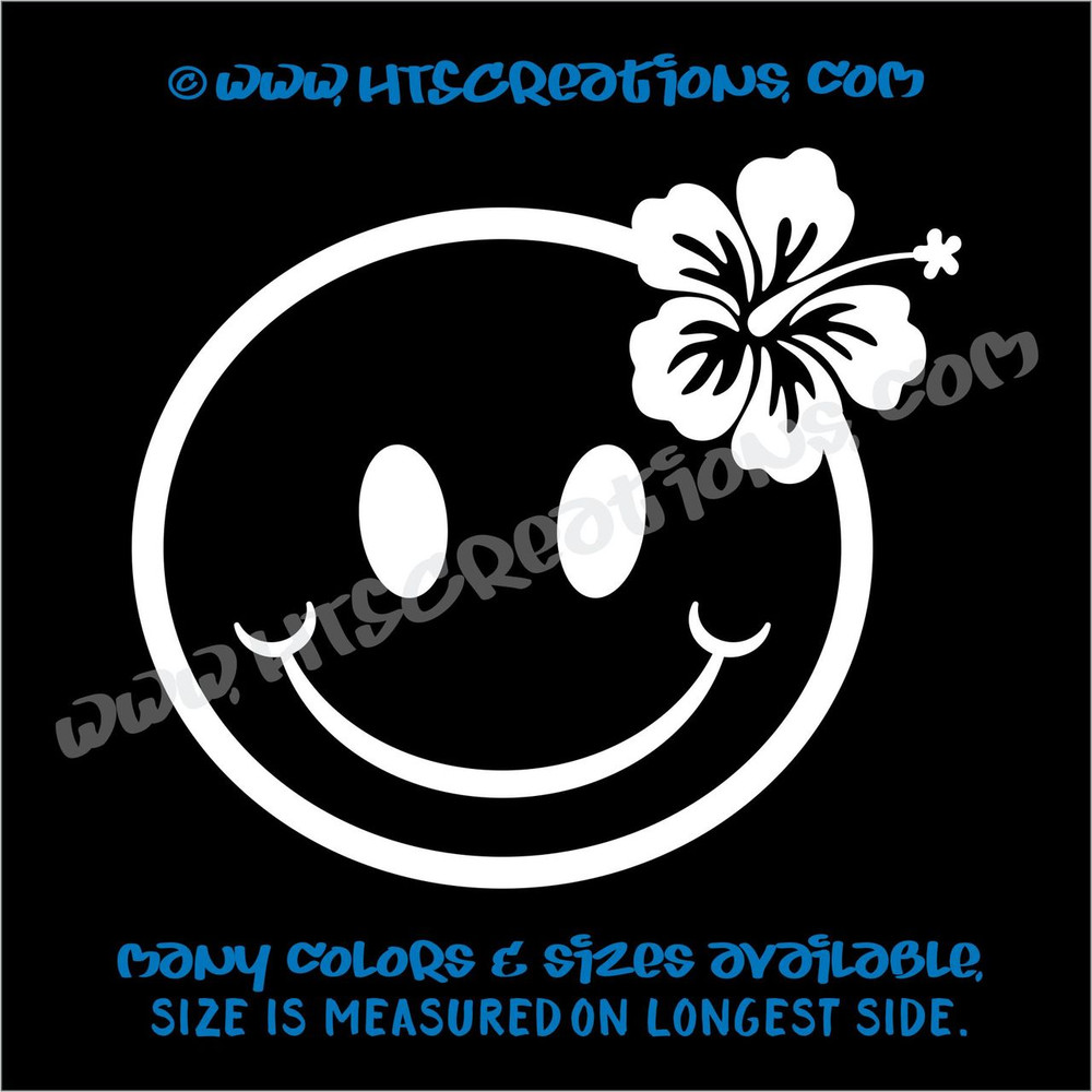 Smiley Face Hibiscus Hawaii Hawaiian Vinyl Decal Laptop Vanity Cell Phone Car Door Mirror Truck WHITE