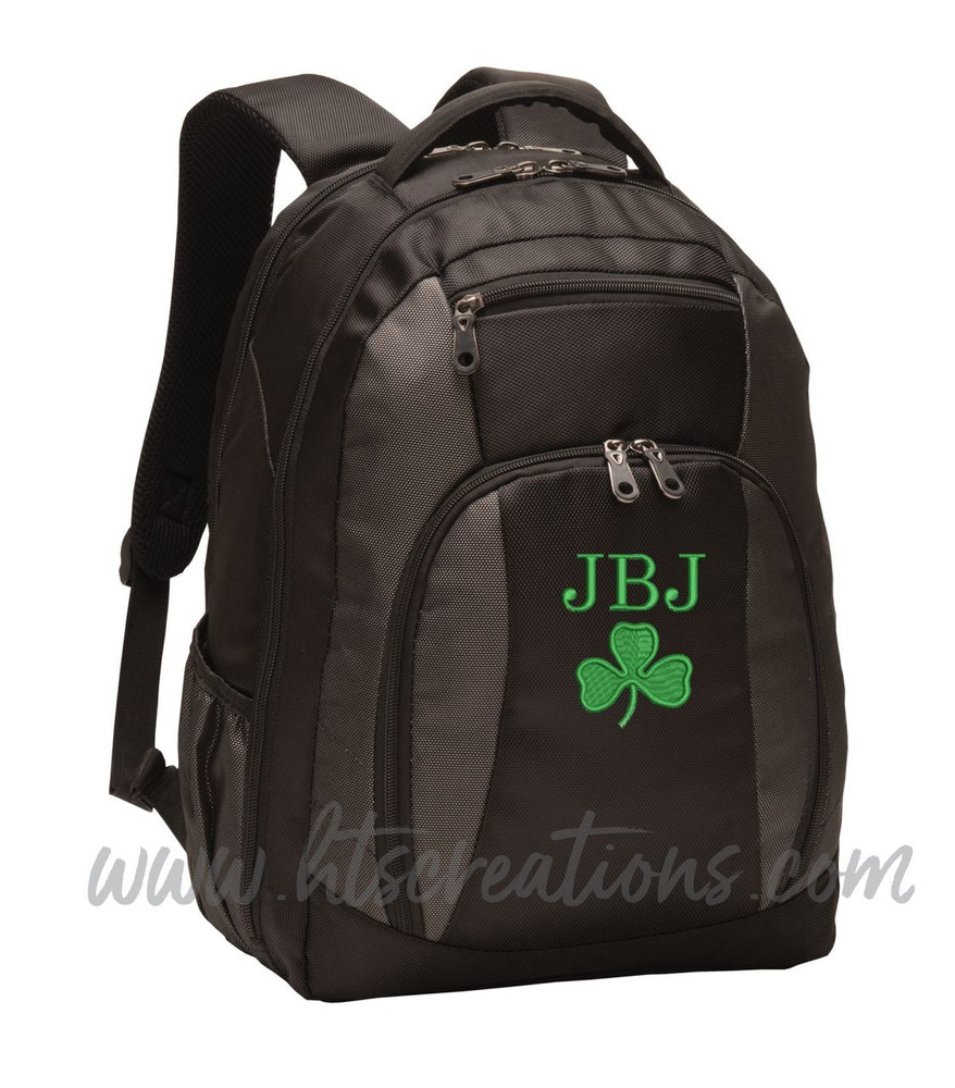 Celtic Shamrock Ireland Irish Dance Personalized Embroidered Monogram Backpack  Black Charcoal Waterbottle Holder Font Style BODINI