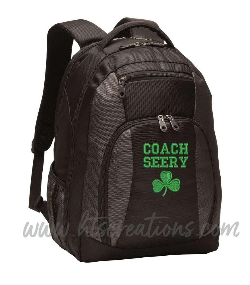 Celtic Shamrock Ireland Irish Dance Personalized Embroidered Monogram Backpack  Black Charcoal Waterbottle Holder Font Style VARSITY