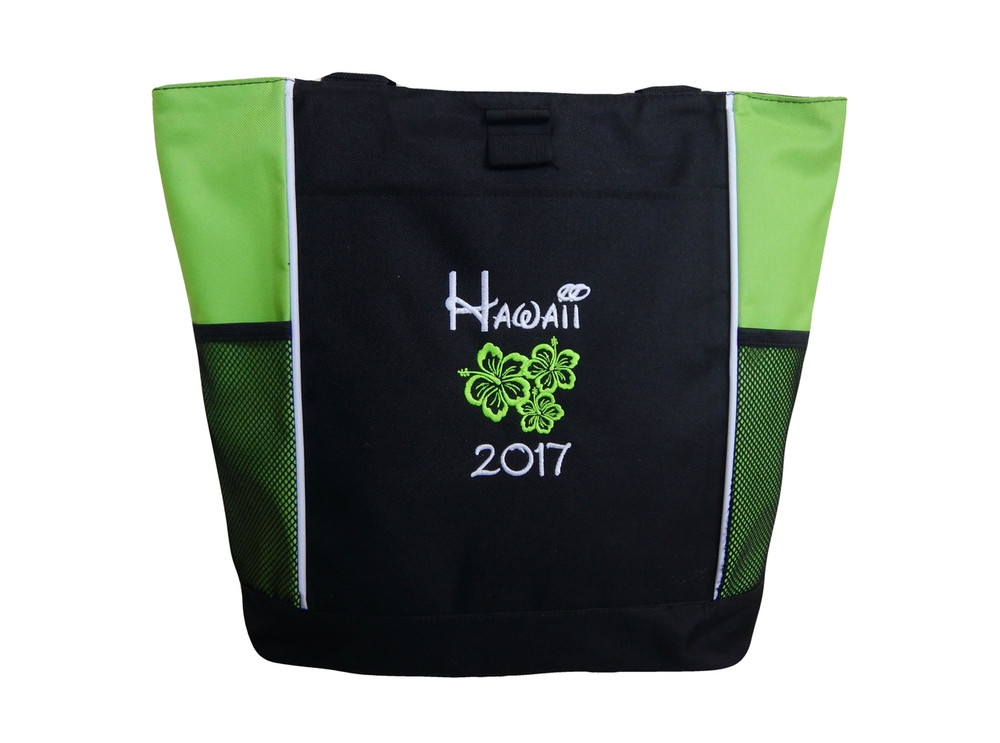 Hibiscus Flower Lei Hawaii Hawaiian Beach Bride Wedding Custom Personalized LIME GREEN Embroidered Zippered Tote Bag FONT Style MAGICAL