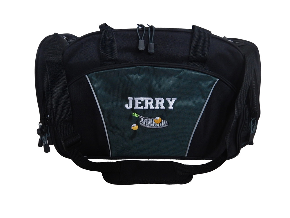 Tennis Racquet Ball Personalized Embroidered Duffel HUNTER GREEN Font Style VARSITY