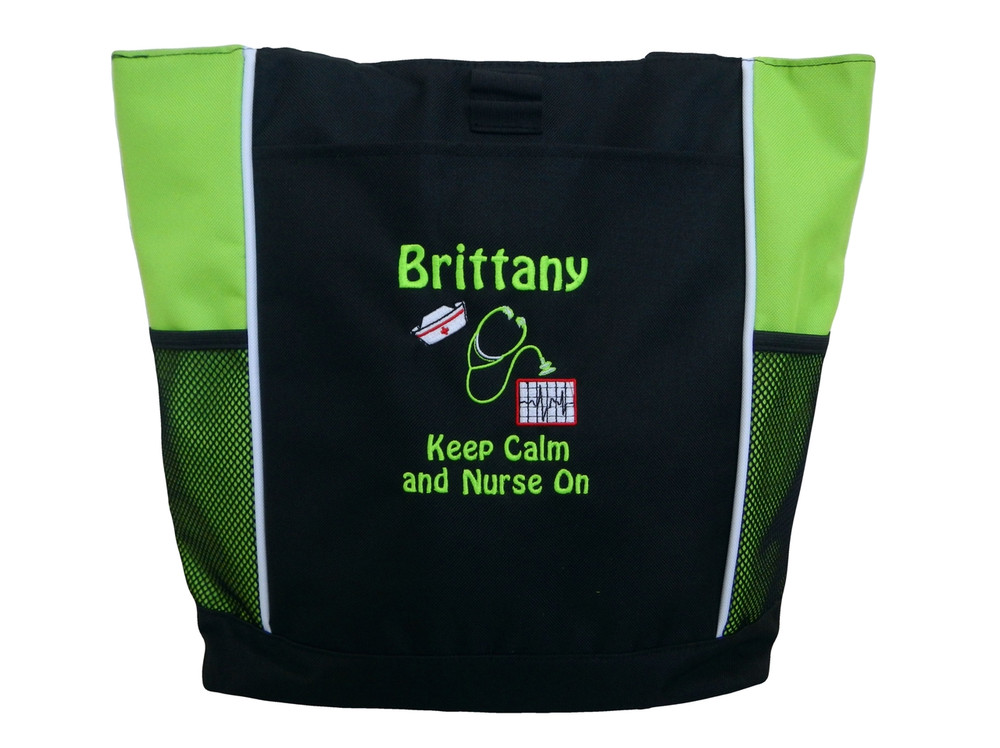 Heart Steth Keep Calm Nurse On Nursing RN BSN RT Cna Cvn Bsn Cardiac Registered Medic Student Stethoscope Case Manager Tote Bag Personalized LIME GREEN Font Style Drifter