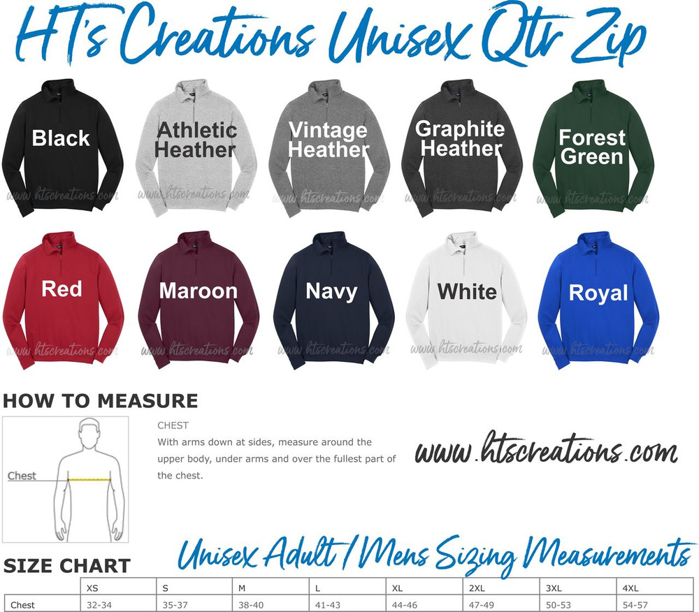 Sweatshirt 1/4 Zip Embroidered Monogram Personalized Unisex Mens Sizing XS S M L 2XL 3XL 4XL COLOR & SIZING CHART