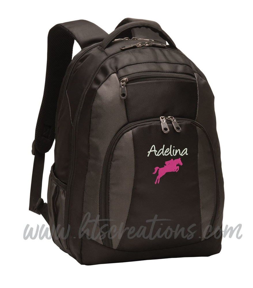 Horse Jumping Jockey Silhouette Equestrian Sports Personalized Embroidered Monogram Backpack Black Charcoal Waterbottle Holder  Font Style HANDWRITTEN