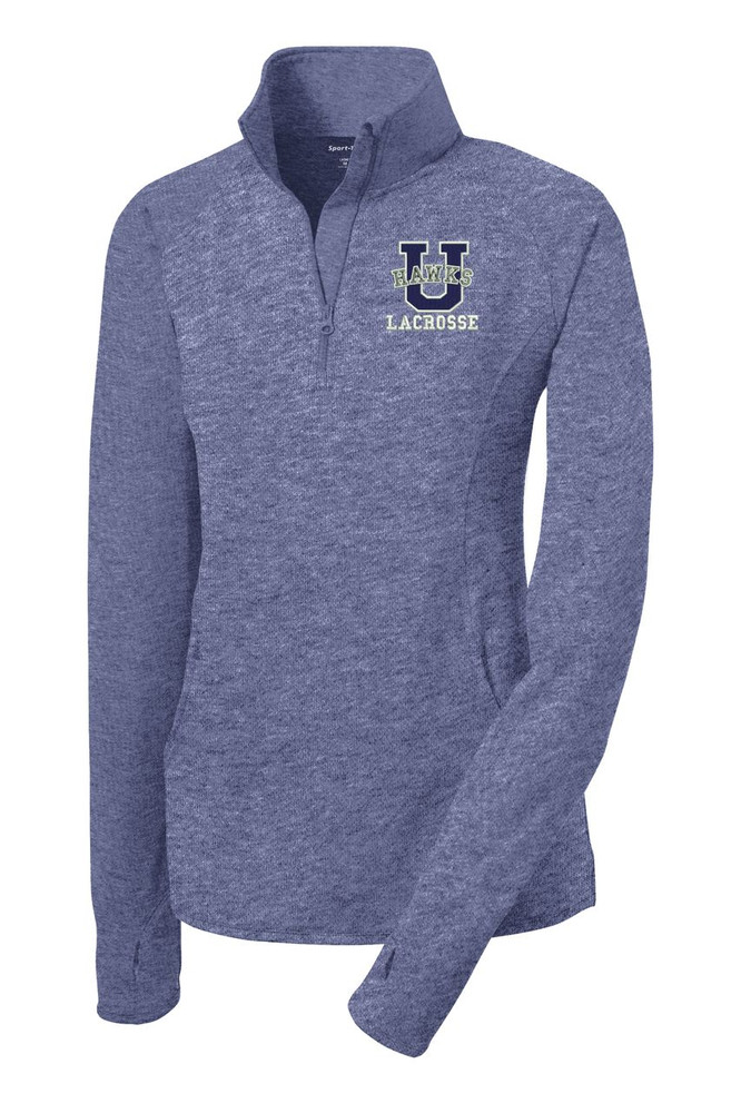 Urbana Hawks Half Zip LACROSSE Performance Stretch LADIES Sport Wick HEATHER Polyester Spandex Pullover Many Colors Available Sz S-3XL TRUE NAVY HEATHER