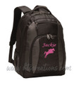 Horse Jumping Jockey Silhouette Equestrian Sports Personalized Embroidered Monogram Backpack Black Charcoal Waterbottle Holder  Font Style MONO CORSIVA