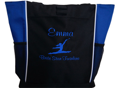 Twirler Gymnastics Cheer Personalized Embroidered Zippered Tote Bag Royal Blue Font Casual Script