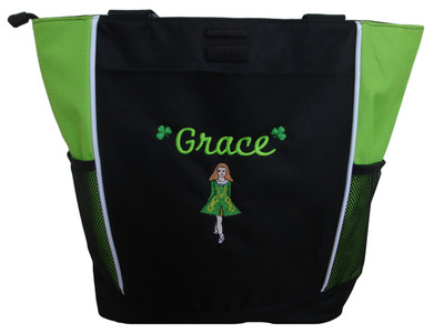 Irish Dancer Ghillie Girl Shamrocks Clover Dancer Jig Shoes Celtic Dance Ireland LIME GREEN Zippered Tote Bag Font Style CURSIVE (Kelly Green DRESS with Golden Yellow TRIM)