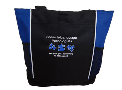 Speech Language Pathologist SLP Autism We Give You Something To Talk About Personalized Embroidered Zippered  ROYAL BLUE Tote Bag Font Style ARIAL