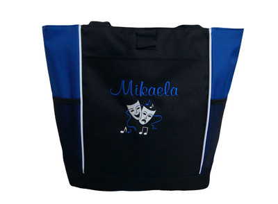 Theater Mask Comedy Tragedy Music Notes Chorus Drama Personalized Embroidered ROYAL BLUE Zippered Tote Bag Font Style CASUAL SCRIPT