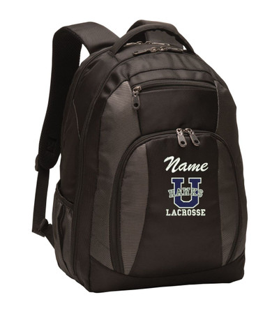 Urbana Hawks LACROSSE Personalized Embroidered Backpack Charcoal Black Free NAME Monogrammed (Font style shown for name is Athletic Script)