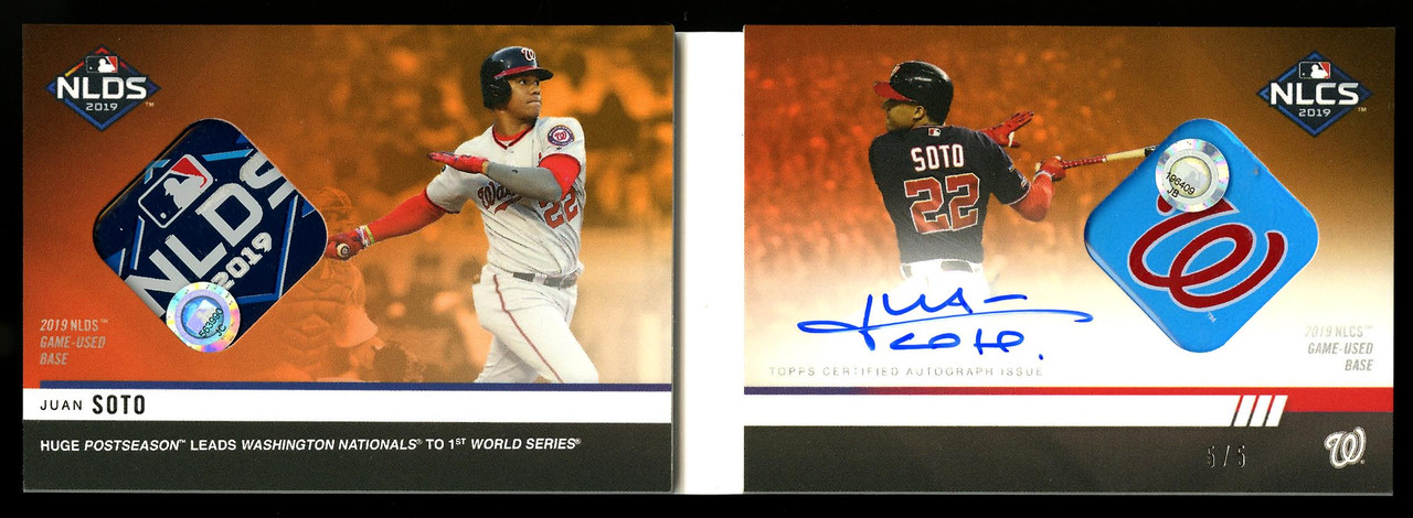 2019 Topps NOW Juan Soto Orange 5/5 On Card Auto Dual Game Used Relic Book  (IN-HAND)