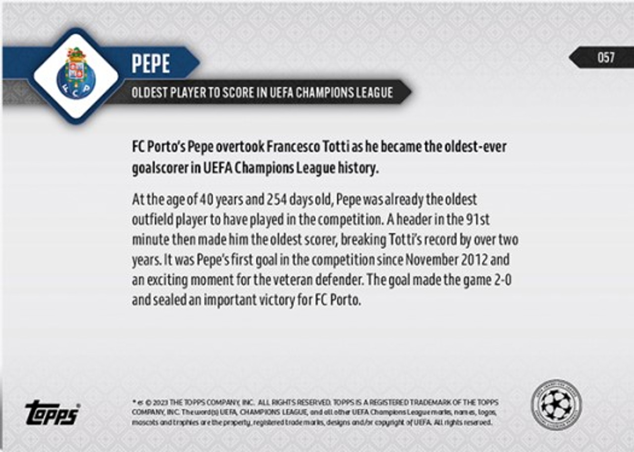 2023 UCL TOPPS NOW - Pepe - Card #57 - Print Run: TBA