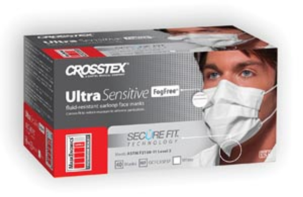 Crosstex Ultra Sensitive Secure Fit FogFree  Earloop Mask ASTM Level 3, White 40/bx GCFCXSFSF