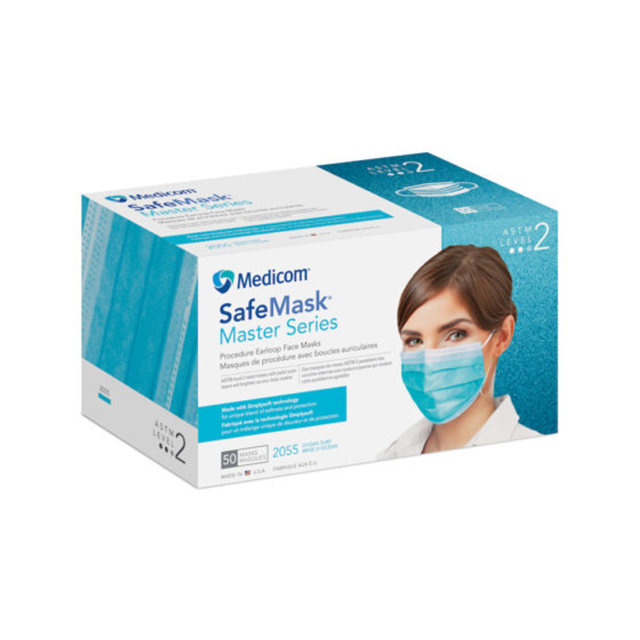 Medicom SafeMask Master Series Earloop Mask, Level 2, Ocean Surf (Aqua Marine), 50/bx 2055