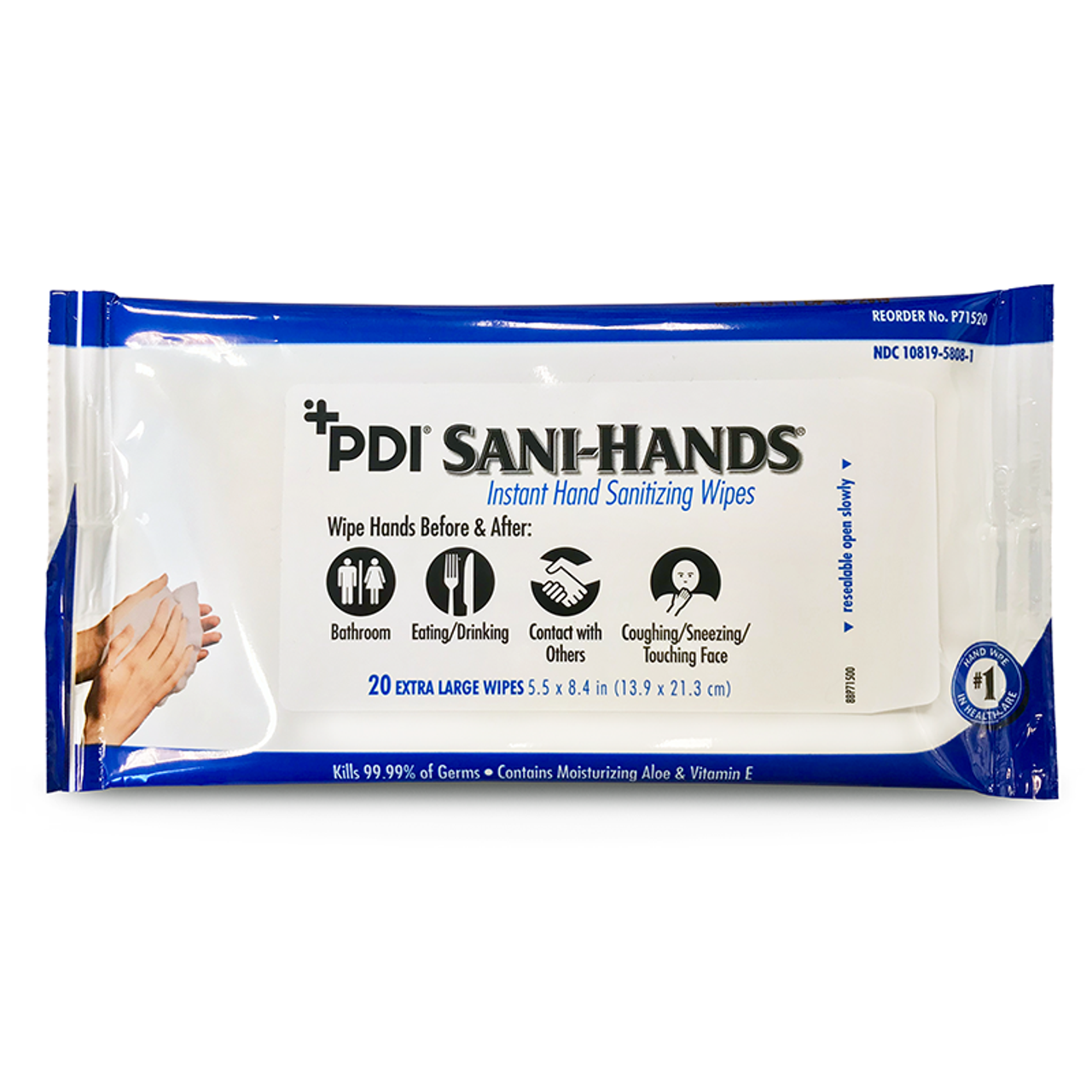 PDI Sani-Hands Instand Hand Sanitizing Wipe, 8.4" x 5.5", 20/pk, Bedside & Perfect for On The Go P71520