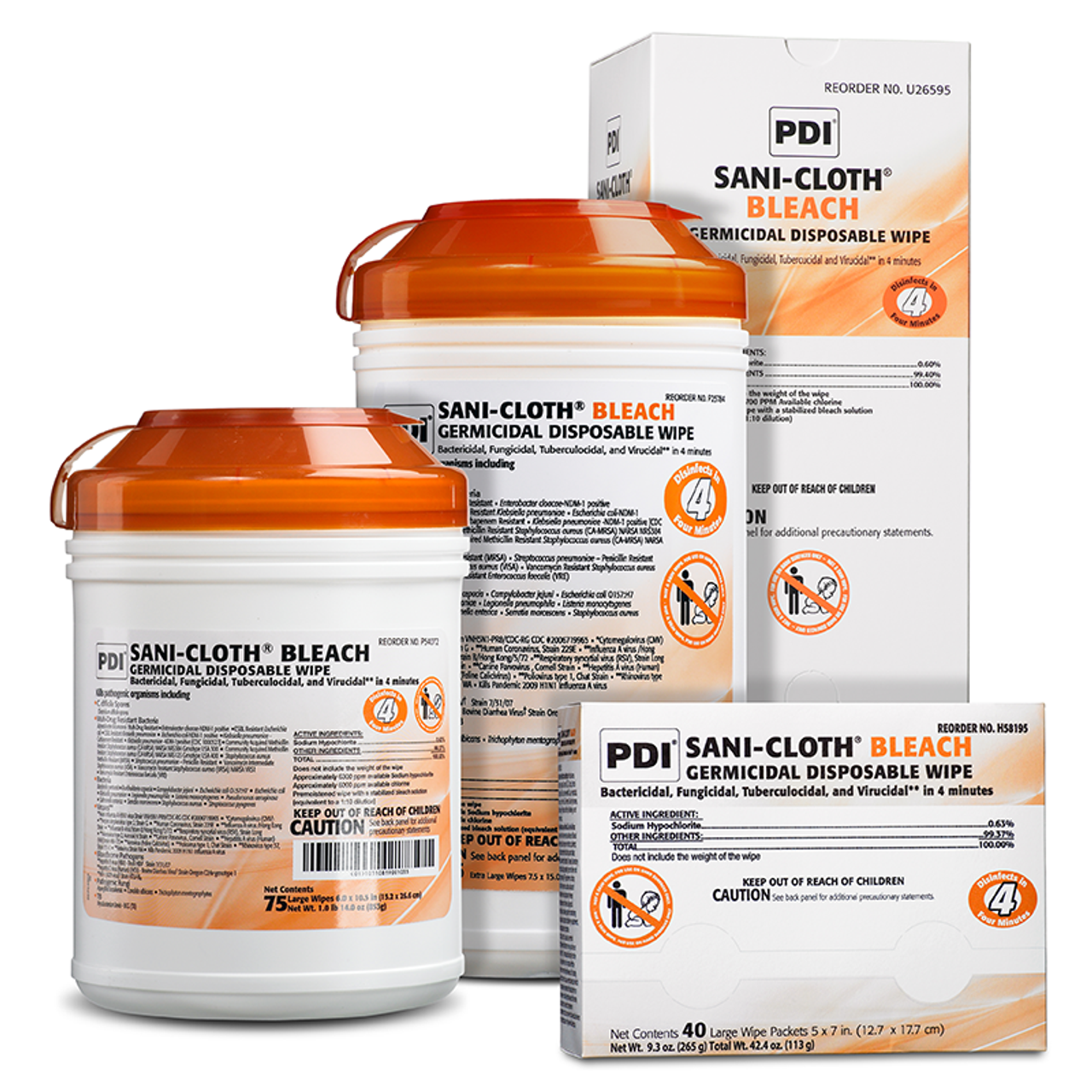 PDI Sani-Cloth Bleach Wipe, 50 Kill Claims 4 Minutes, Large, 6" x 10½", 75/canister, P54072