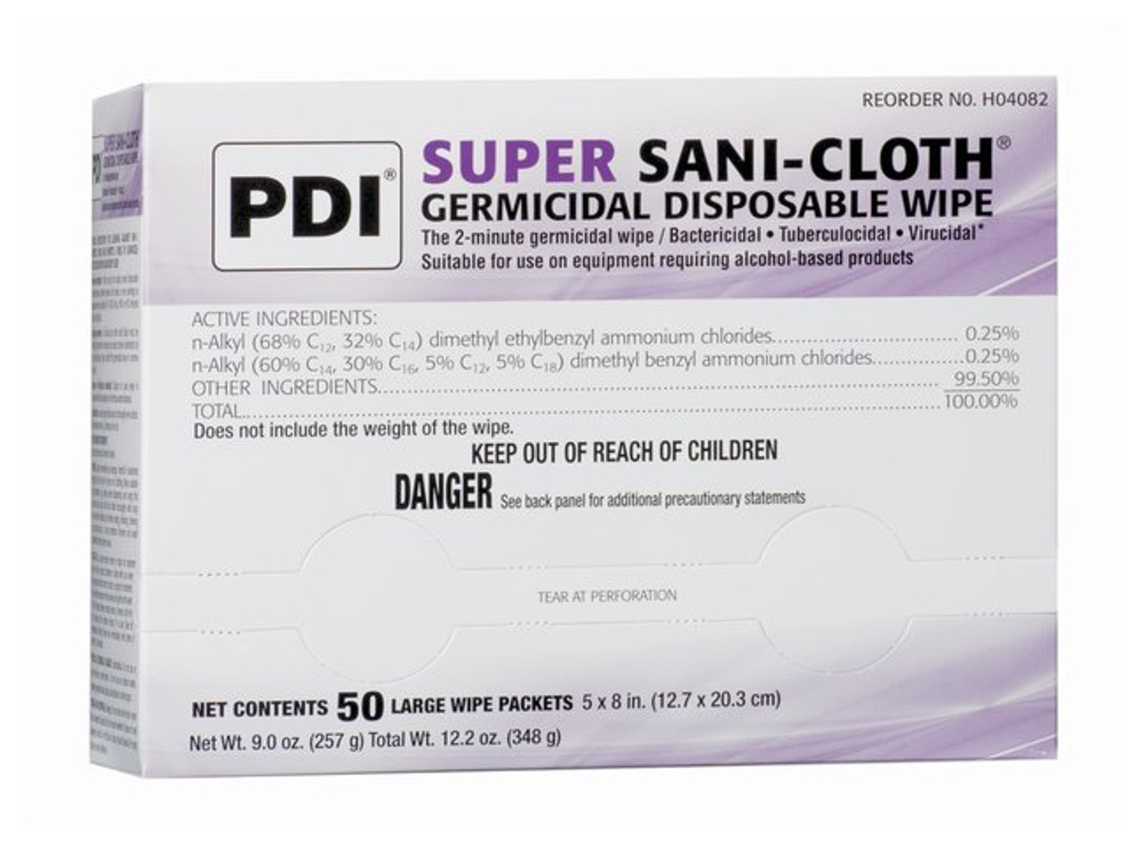 PDI Super Sani-Cloth, 30 Kill Claims 2 Minutes, Large, Individual Packets, 5" x 8", 50/bx H04082
