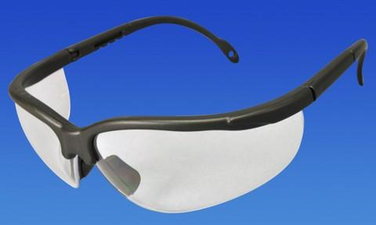 Palmero Safety Glasses, Black Frame/Clear Lens. Full Size, ea