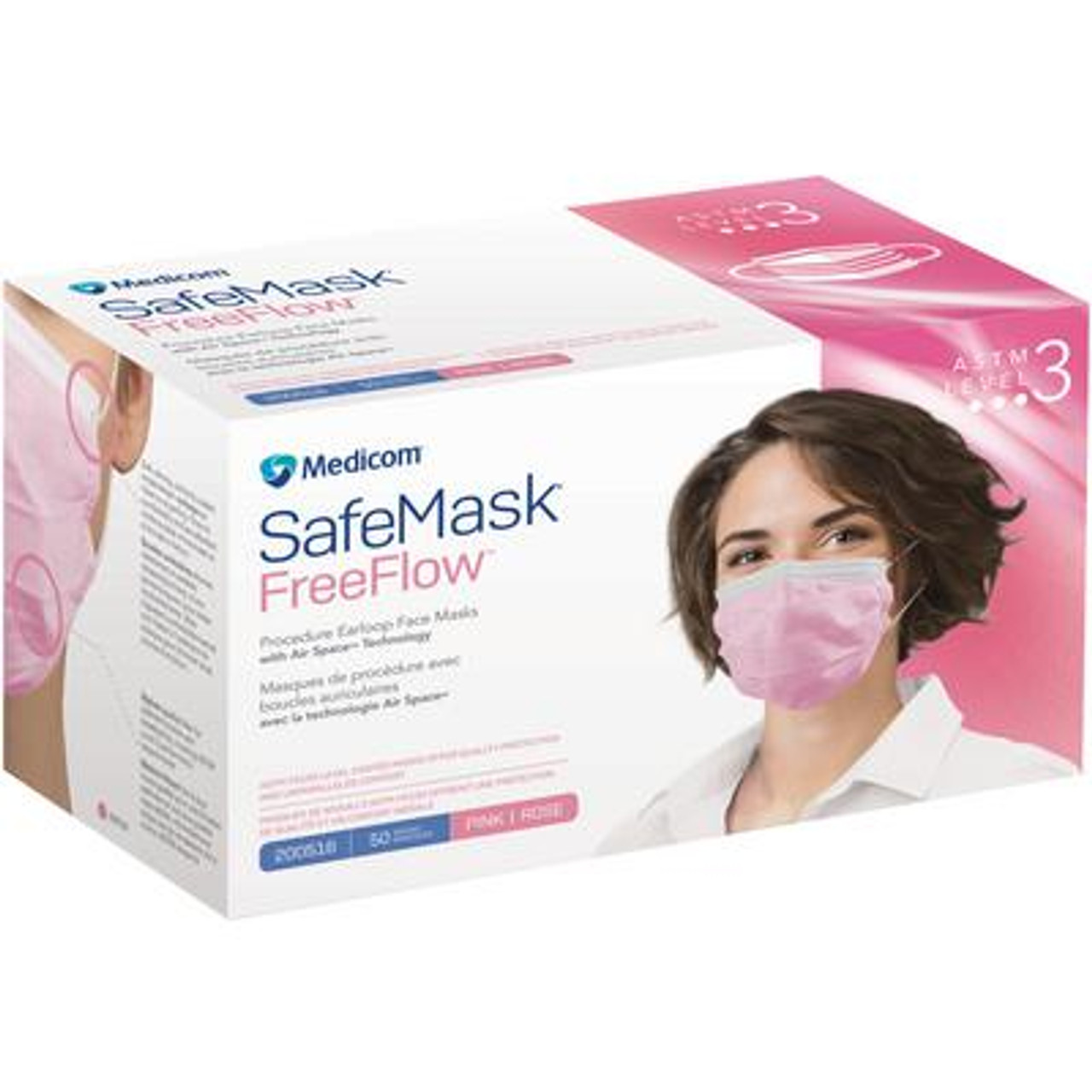 Medicom SafeMask FreeFlow Earloop Mask, Level 3 Pink, 50/bx 200516