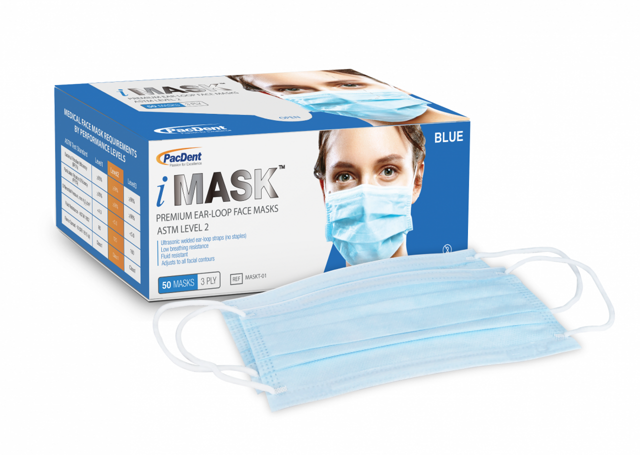 Pac-Dent iMask Premium Ear-loop Face Masks ASTM Level 2, Blue, 50/bx