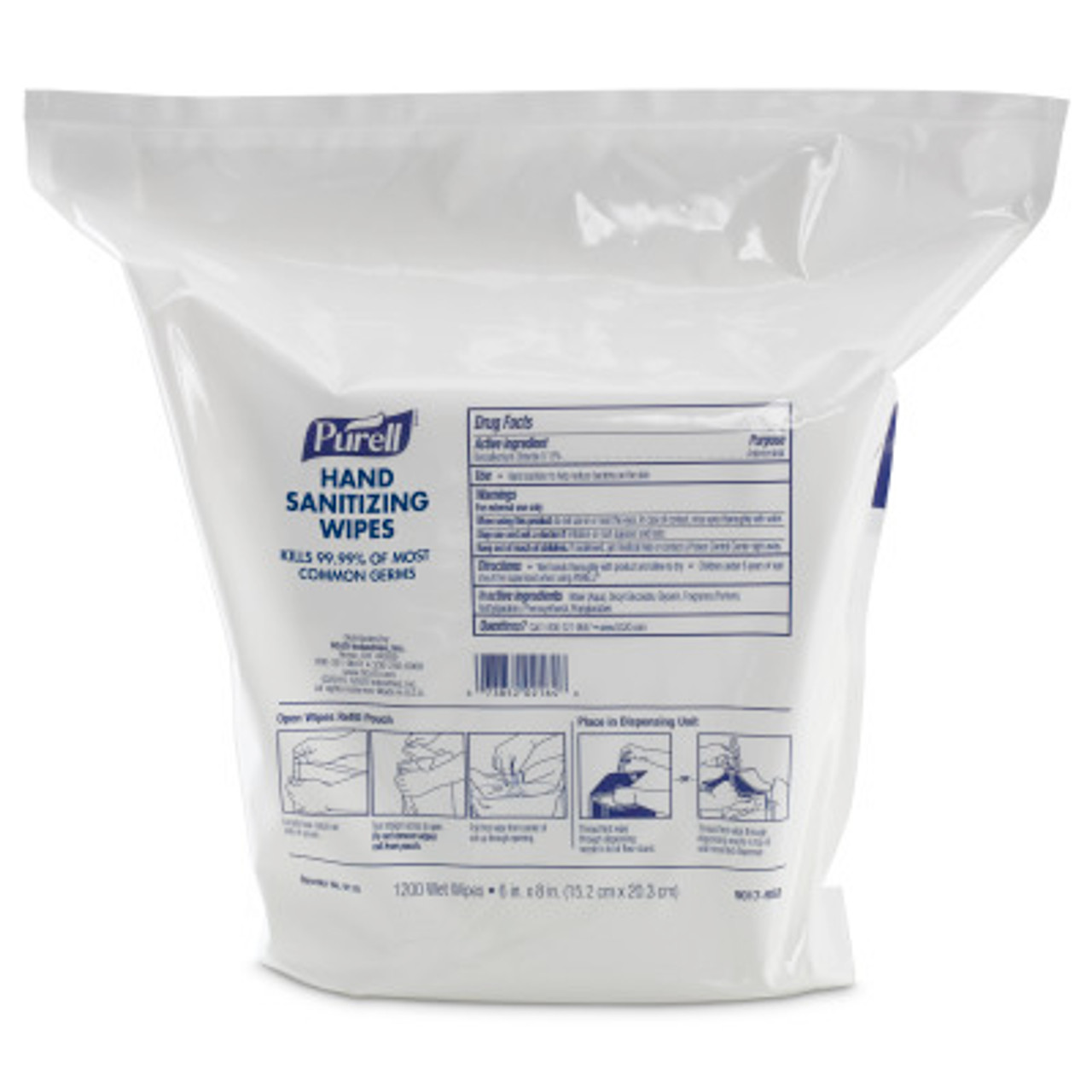 Gojo Purell Sanitizing Hand Wipes, 6" x 8", Refill Pouch For Use with High Capacity  dispenser, 1200/pouch