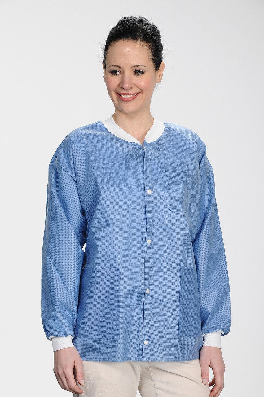 ValuMax Extra-Safe Autoclavable Lab Jacket, Medical Blue M, Hip-Length, Breathable, 3 Pockets, Knitted Cuff, 10/pk