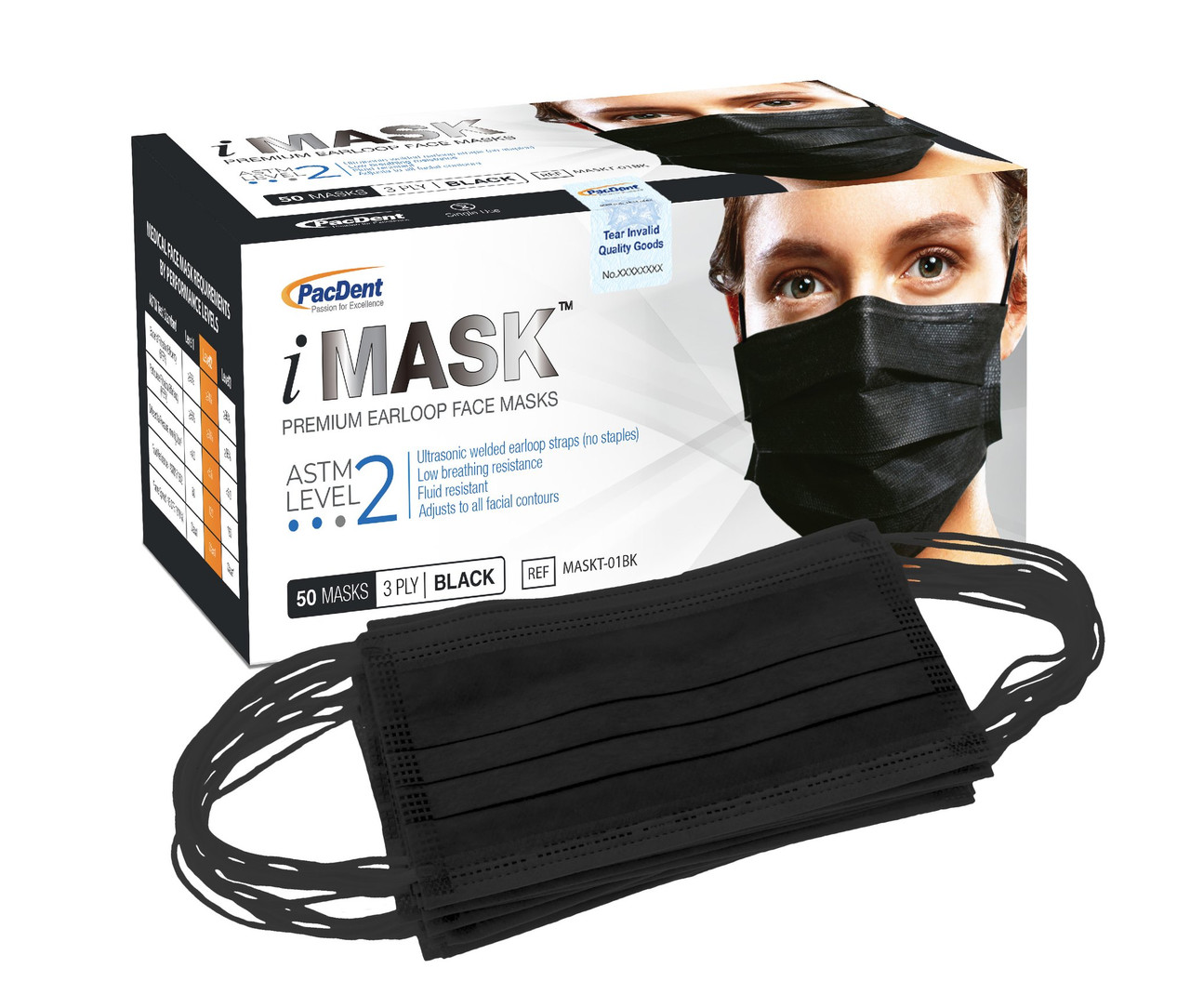 PacDent iMask Premium Ear-loop Face Masks ASTM Level 2, Black, 50