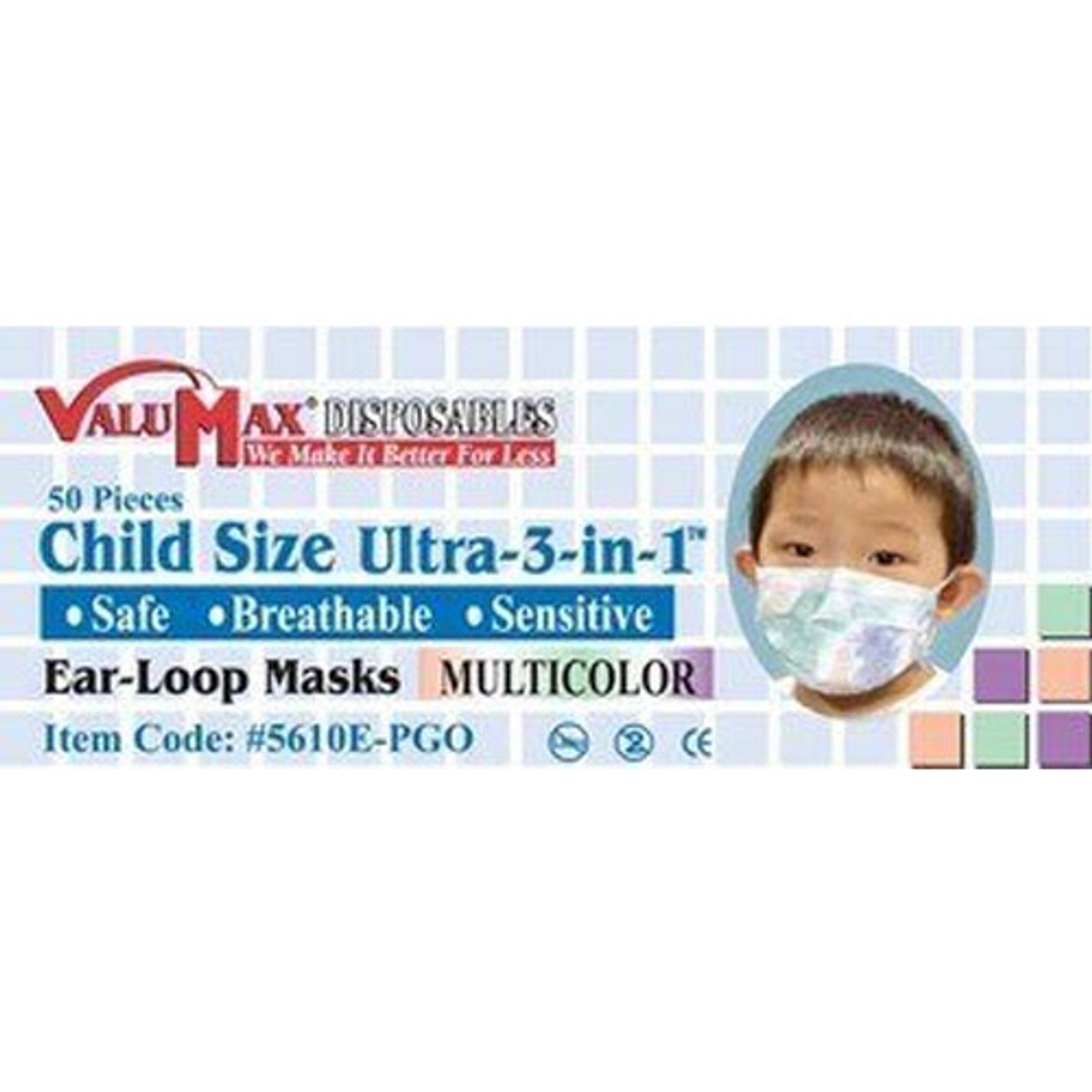 ValuMax Child Size Ultra 3-in-1 Sensitive Earloop Face Mask, FDA 98% PFE, Multicolor, 50/bx