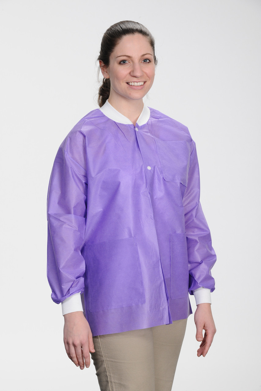 ValuMax Extra-Safe Autoclavable Lab Jacket, Purple M, Hip-Length, Breathable, 3 Pockets, Knitted Cuff, 10/pk
